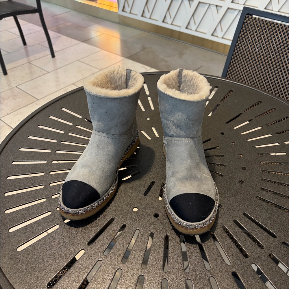 CHANEL Gray and Black Shearling Boots